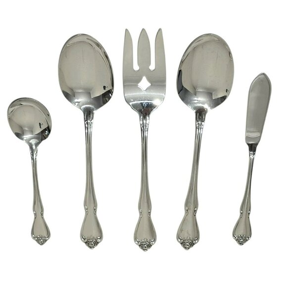 5 Oneida Serving Utensils Spoon Sugar Meat Fork Butter Knife True Arbor Rose VTG - Picture 9 of 9
